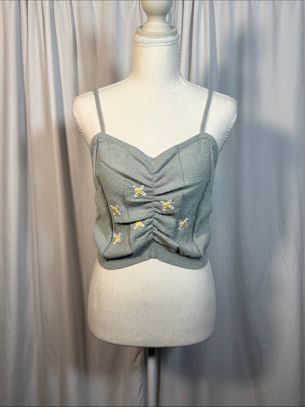 Promesa Sage Green Embroidered Ruched Cami Top